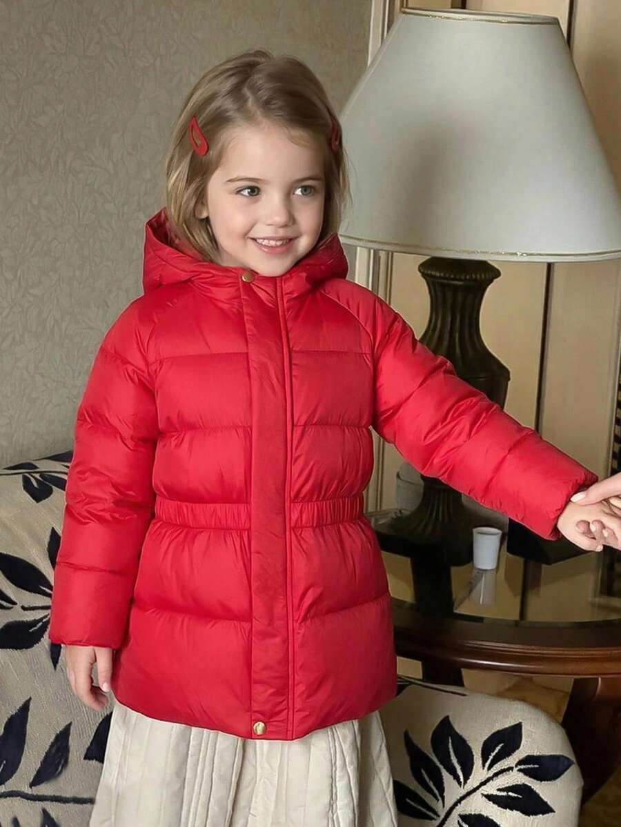 Hapijoa Young Girl Solid Color Raglan Long Sleeve Casual Hooded Winter Jacket - Red - View 1