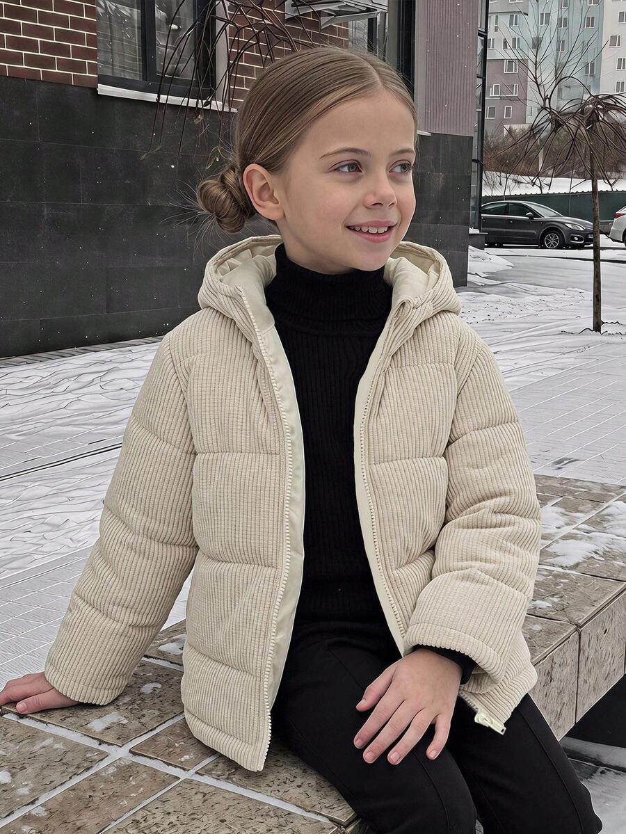 Hapijoa Young Girl Versatile Fashion Zipper Long Sleeve Hooded Padded Coat Winter - Beige - View 1