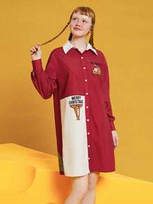 TOM & JERRY X SHEIN Ladies Cartoon Pattern Front Button Shirt Dress Nightgown - Multicolor - View 3