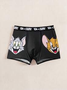 TOM & JERRY X SHEIN 男士舒适柔软卡通图案字母腰带平角裤 - 黑色 - 查看 1