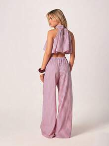 MISSGUIDED 條紋掛脖短版上衣與寬腿長褲套裝 夏季海灘度假兩件式穿搭套裝 - 藍色 - 查看 2