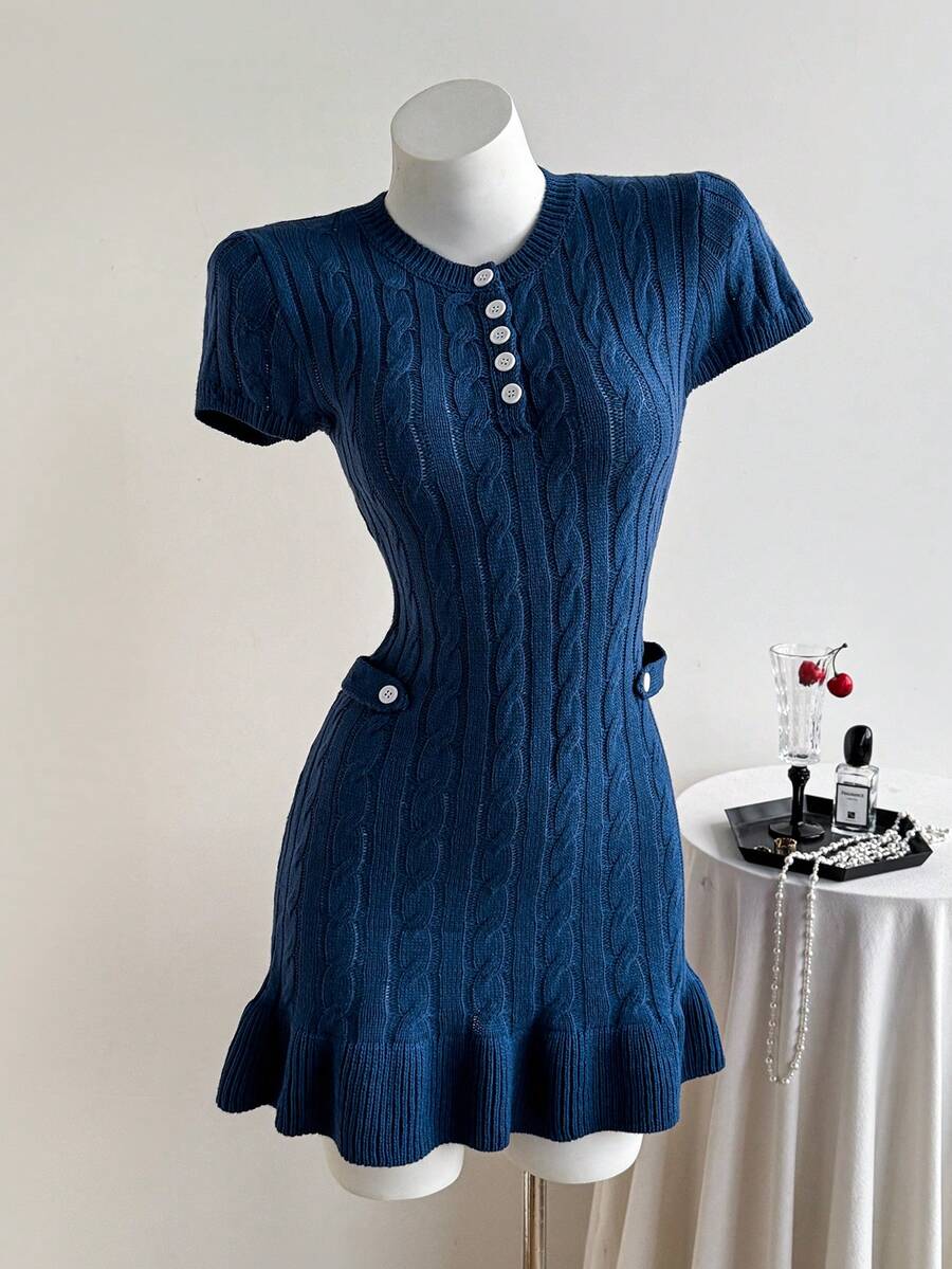 Elamini Vestido mini de punto de cable para mujer con cuello en V, botones delanteros, hombros descubiertos, manga corta, bajo con volantes y ajuste ceñido - Azul Marino - Ver 1
