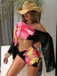 SHEIN Swim Women's Casual Tropical Sexy Vacation Beach Vacation Party Bow Elegant Floral Print Cover-Up 2 Pieces Set Beachwear Black Summer - Red - View 2