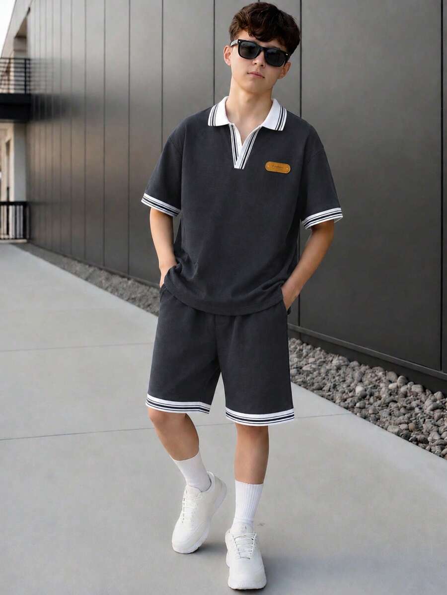 Vacaura 2件組青少年男孩休閒 Polo 衫與短褲套裝 - 灰色 - 查看 1
