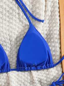 SHEIN Swim 夏季陽光海灘派對字母印花抓皺掛脖綁帶性感比基尼兩件式泳衣套裝 黃色水藍色 - 藍色 - 查看 4