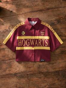 HARRY POTTER X SHEIN Women's Casual Letter Graphic Contrast Color Front Button Short Sleeve Shirt, Summer - Red - View 1