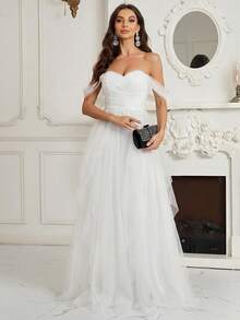 SHEIN Belle Off-Shoulder, geraffte Brust, mehrschichtiger asymmetrischer Rüschensaum Brautjungfernkleid (Erwachsene) - Weiss - Übersicht 1