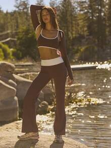 Aralina Leisurewear Active Women's 3 Piece Burgundy Three Pieces Boot Cut Legging Set Crop Top Bolero Long Sleeve Layering Tee High Wide Waistband Stretch Knit Flattering Studio Street Style Set Top Set Bottom - Brown - View 9