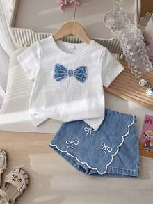 SHEIN Elladie kids 女童2件組春夏套裝，圓領針織T恤與牛仔裙褲，刺繡與撞色工藝，休閒可愛櫻桃刺繡設計，短袖短褲套裝 - 白色 - 查看 3