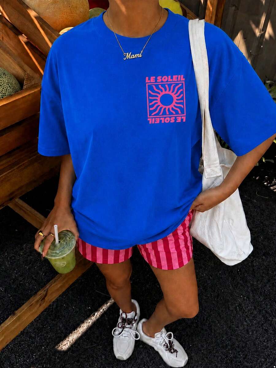 青少年女孩休閒極簡寬鬆圓領短袖T恤與寬鬆短褲2件套,適合春夏穿著 - 彩色 - 查看 1