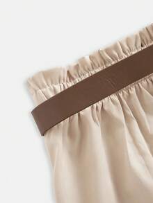 Girlism 兒童青少年女款春秋新款優雅基礎梭織卡其色寬腿西裝長褲，彈性後腰鬆寬腿休閒褲，返校季，腰帶另售 - 杏色 - 查看 5