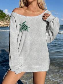 SHEIN EZwear 淺灰色女款露肩寬鬆休閒長袖衛衣，海龜印花圖案 - 淺灰色 - 查看 2