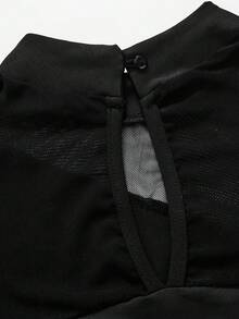 兒童黑色高領網紗長袖連身舞衣，優雅貼身剪裁，薄網紗長袖，高彈力面料搭配網紗拼接，適合日常芭蕾訓練與體操課 - 黑色 - 查看 7