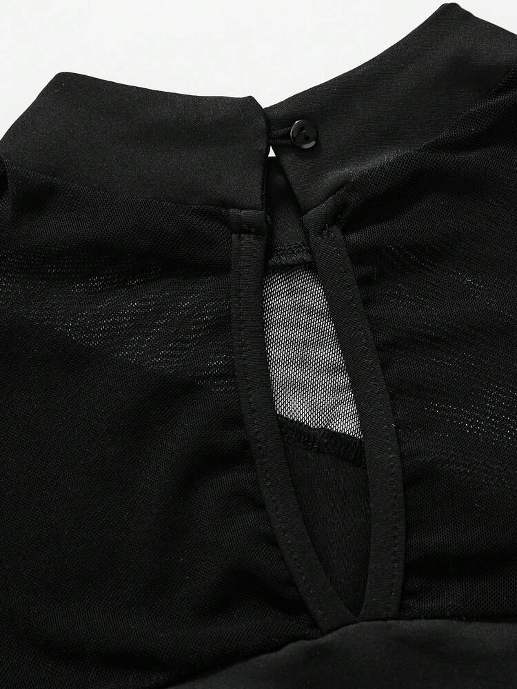 Baju Senam Anak-Anak Warna Hitam dengan Kerah Tinggi dan Lengan Panjang Berbahan Jala, Pas dan Elegan, Lengan Panjang dengan Jala Tipis, Kain Elastis Tinggi dengan Patchwork Jala, Cocok untuk Latihan Balet Harian, Kelas Senam - Hitam - View 7