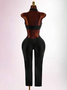 Amplova Women's Deep V Sexy Fitted Halter Neck Dark Style Tassel Jumpsuit - Black - View 4