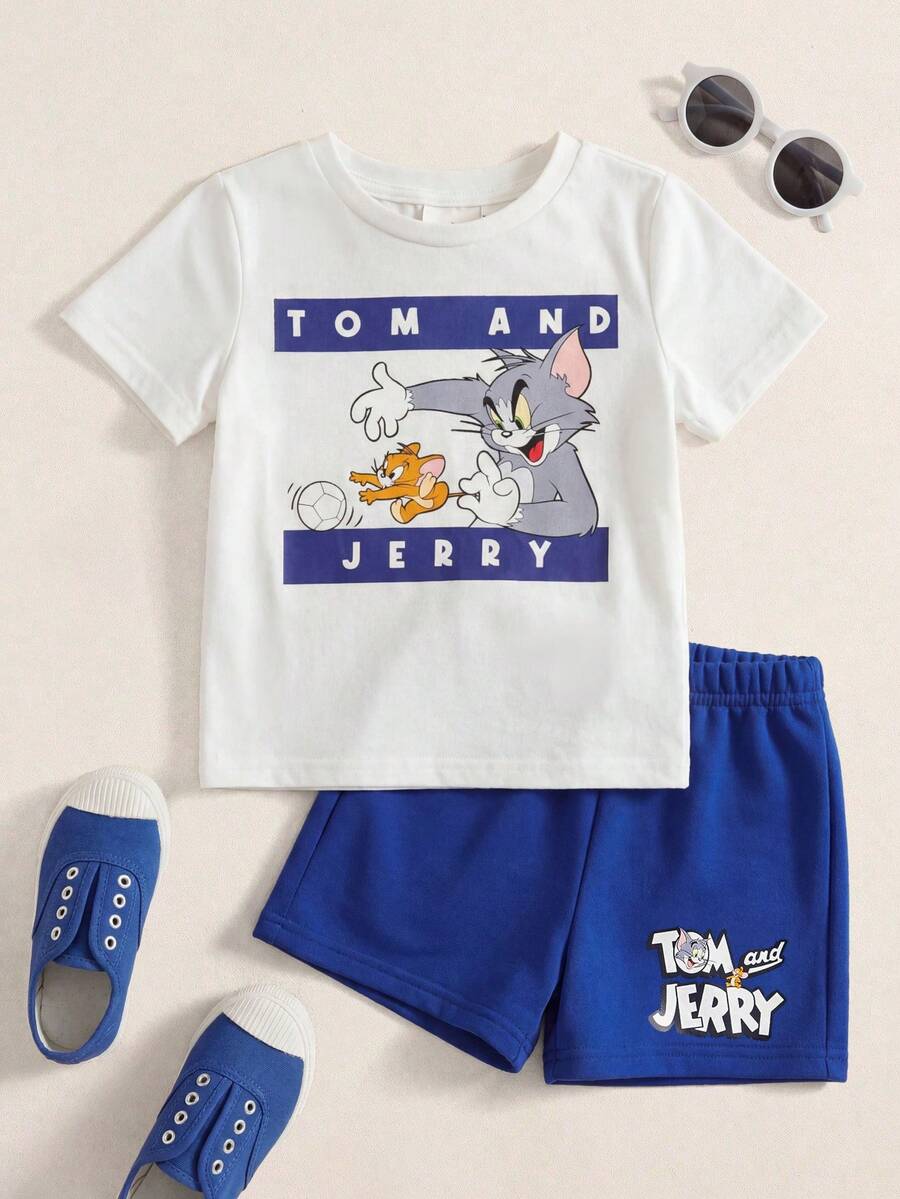 TOM & JERRY X SHEIN 男婴字母卡通印花圆领短袖T恤和短裤休闲日常套装 - 彩色 - 查看 1