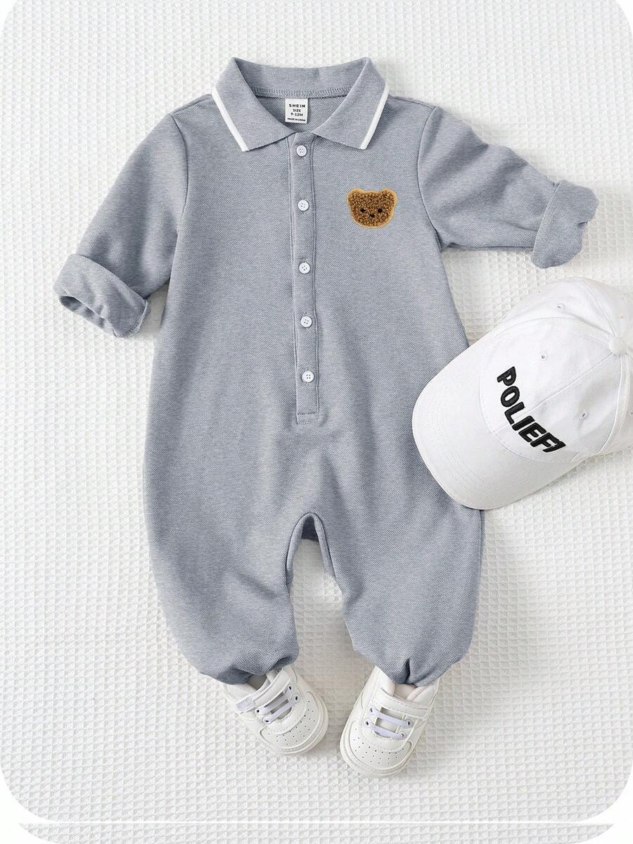 SHEIN 新生兒男嬰/女嬰秋冬款可愛卡通圖案 Polo 領長袖連身衣 - 灰色 - 查看 1
