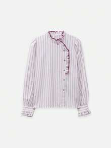 Nöista Striped Ruffle High-Neck Blouse With Puff Sleeves. Fall, Office Wear, Business Casual, Elegant. - Mauve Purple - View 8