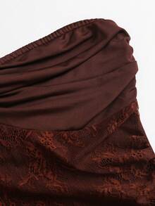 Sweetra Black Lace Patchwork Sexy Bodycon Strapless Waist-Cutout Twist Front Dress - Brown - View 6