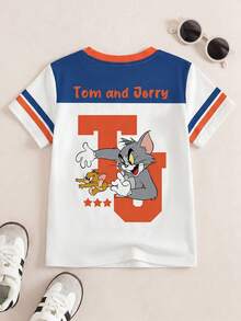 TOM & JERRY X SHEIN Camiseta de manga corta con cuello redondo, estampado de rayas y bloques de color de dibujos animados para niño - Blanco - Ver 1