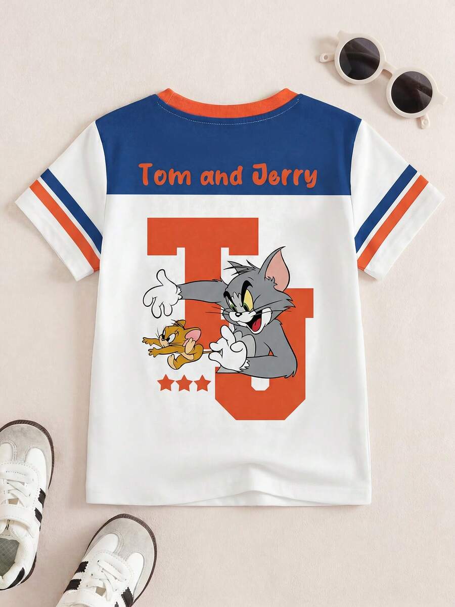 TOM & JERRY X SHEIN Camiseta de manga corta con cuello redondo, estampado de rayas y bloques de color de dibujos animados para niño - Blanco - Ver 1