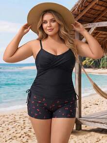 SHEIN CURVE+ 2026Plus Size Floral Print Tankini Swimwear - Black - View 5