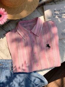 Comfortcana Women's New Embroidered Striped Fitted Long Sleeve Blouse Casual Blouses 2000s Style Office Outfits For Women Country Cute Tops Basic Blouses Going Ou - Pink - View 4
