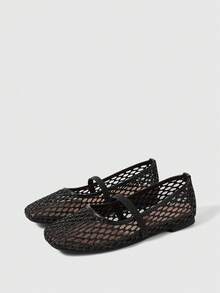 Sleekvia Zapatos Mary Jane de mujer de moda popular de verano, tejido simple con huecos transpirables, sin cordones, punta cuadrada, suela plana, multicolor - Negro - Ver 2