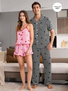 CoupledUp 男士愛心條紋印花開襟翻領短袖長褲睡衣套裝 - 黑色 - 查看 7