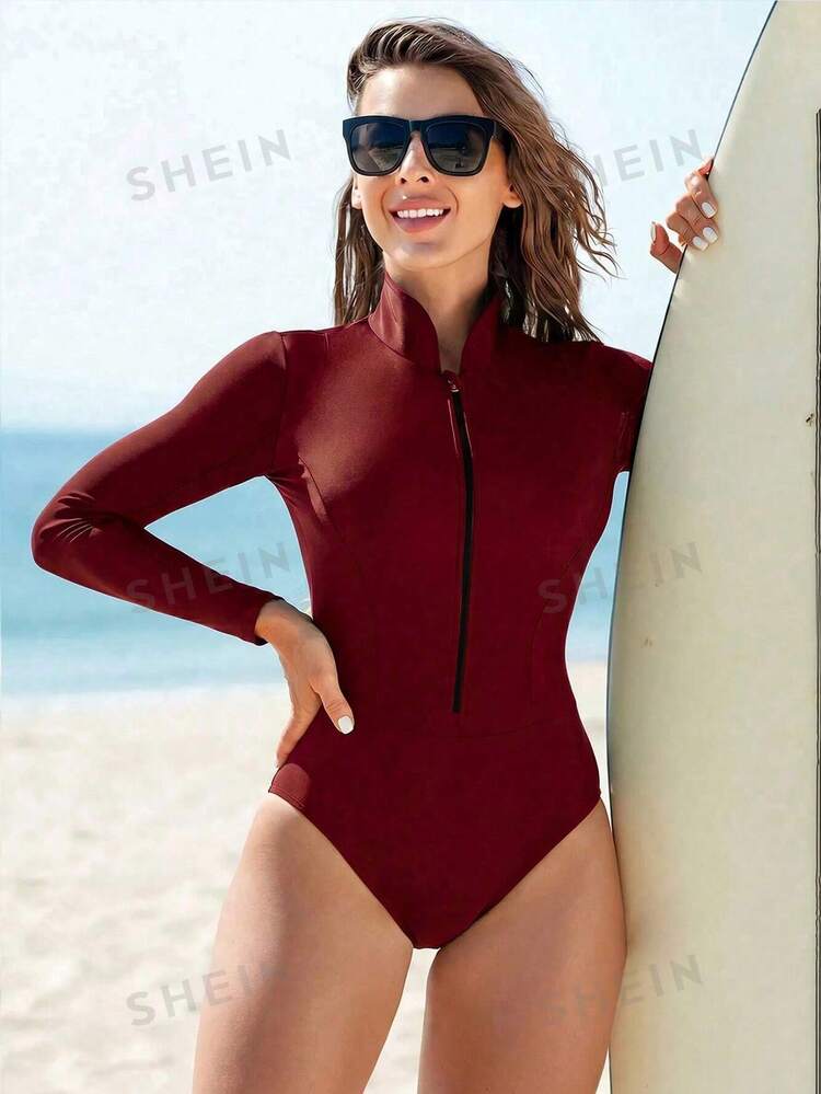Swim SPRTY Women's Long Sleeve Zipper Solid Color Minimalist One-Piece Sun Protection Jacket - Burgundy - View 4