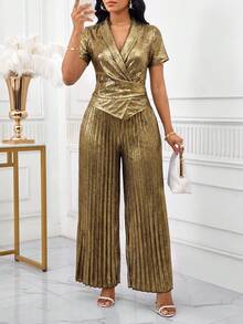 SHEIN Lady 女士纯色裹身短袖上衣和褶皱阔腿裤优雅两件套 - 金色 - 查看 3