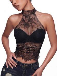 SHEIN ICON Y2k 夏季女款黑色波西米亞風夜店性感蕾絲荷葉邊掛脖透視上衣，適合約會與外出 - 黑色 - 查看 12