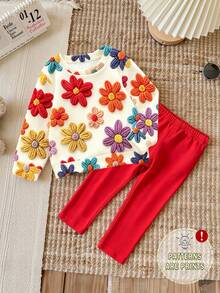 Autumn/Winter Infant & Toddler Girls Fresh Fashion Casual Daily Minimalist Colorful Embroidered Floral Pattern Basic Crew Neck Sweatshirt & Leggings Set - Multicolor - View 4