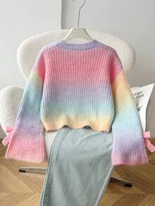 SHEIN 青少年女孩針織漸層圓領喇叭袖寬鬆休閒毛衣 秋冬款 - 彩色 - 查看 2