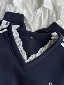 DAZY Sweatshirt Kasual Wanita dengan Hiasan Renda dan Pita, Cocok untuk Sekolah Sehari-hari, Atasan Lucu - Navy Blue - View 4