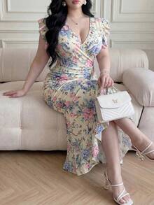 Vibekara Plus Size Women's Ruffle Flutter Sleeve Floral Print Waist-Defining A-Line Woven Dress - Yellow - View 3