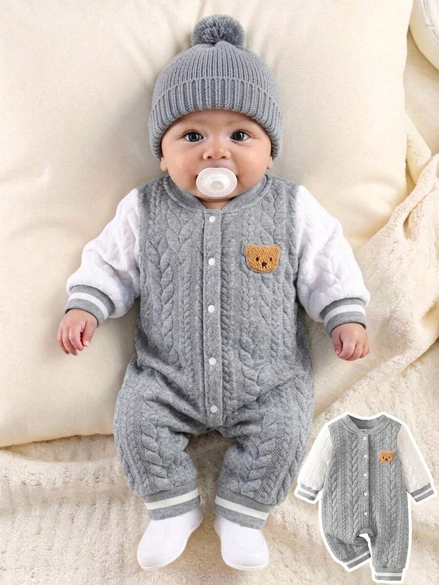 SHEIN 新生兒中性嬰兒 0-3歲 淺藍色按扣前開長袖連身衣 可愛藍白條紋 秋季家庭套裝 羅紋 Polo 休閒秋季穿搭