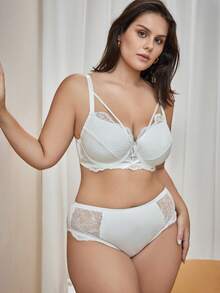 Bralution Solid Color Lace Comfortable Daily Underwire Molded Cup Support Fabric Patchwork Plus Size Lingerie Set Summer - White - View 5