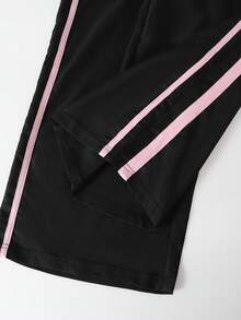 SHEIN Casuvi Kids 2件組青少年短袖上衣與長褲套裝，蝴蝶結緞帶粉色，適合春夏，運動與通勤穿著 - 彩色 - 查看 3