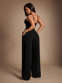 Radiana Women's Solid Color Pocket Elegant Wide Leg Jumpsuit - Black - View 2
