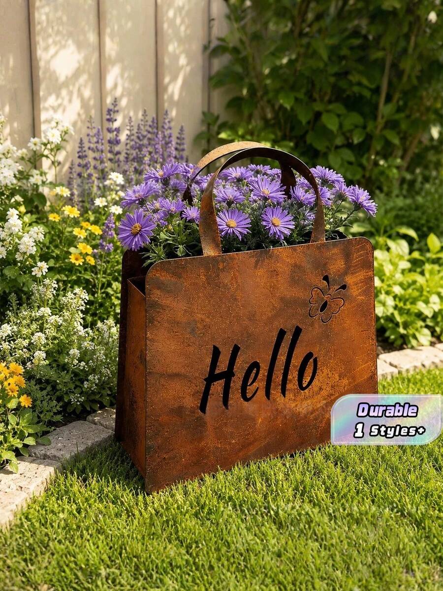 Outdoor Retro Rust Handbag Shaped Iron Flowerpot Hello/Welcome Butterfly Hollow Design Courtyard Terrace Gardening Decorative Flower Box B&B Garden Landscaping Creative Planting Container - multicolor - View 1