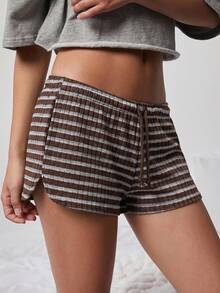 WESTFADE Cute Mid Rise Tie Front Textured Knit Lounge Striped Mini Short, Casual Fall Autumn Winter, Lounge, Country Look, Cowgirl, Western, Back To School - Brown - View 9