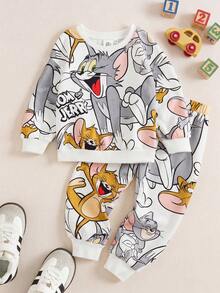 TOM & JERRY X SHEIN 2 件套小男孩卡通全身印花针织宽松圆领套头衫和裤子套装，秋冬 - 白色 - 查看 1