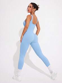 Easithlete Easithlete 女款純色無縫高彈力瑜伽健身連身衣 - 淺藍色 - 查看 2