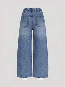 Tween Girls Denim Jeans,Blue Autumn Cute School Casual Rabbit Print,Loose Wide Leg,Comfortable Cotton,Daily Wear,Commute,Available In All Seasons - Blue - View 2