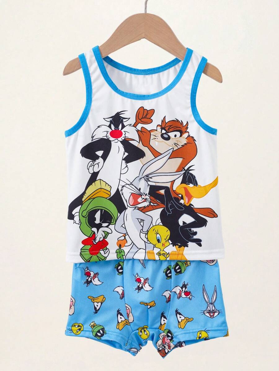 LOONEY TUNES X SHEIN 小男孩卡通印花圓領內搭背心 - 藍白色 - 查看 1