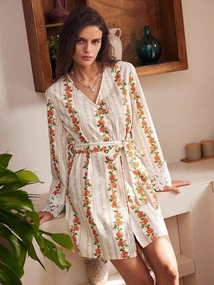 Lullawish Bohemian Striped Floral Pure Cotton Printed Women's Nightgown - Multicolor - View 6