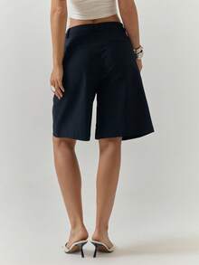 MUSERA Navy Blue Tailored Two Side Pocket Loose Shorts Casual Basic Party Brunch Everyday Holiday Vacation Miami Beach Summer For Women - Black - View 5