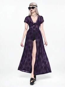 ROMWE Spring/Summer Vacation Beach Dark Gothic Sheer Spider Web Open Front Shirt - Purple - View 1