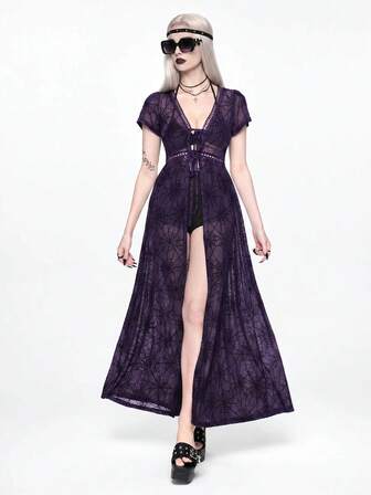 Spring/Summer Vacation Beach Dark Gothic Sheer Spider Web Open Front Shirt